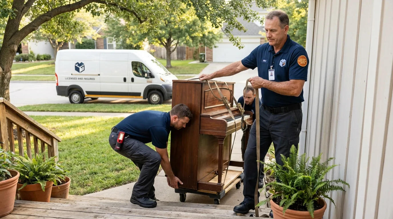 Licensed piano movers securing grand piano in Liberty, NY