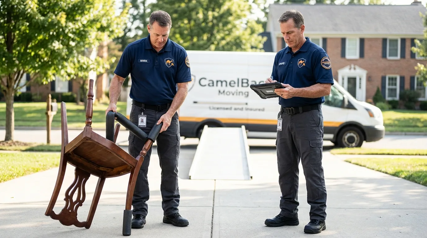 Movers inspecting furniture for damage prevention before loading in Liberty, NY