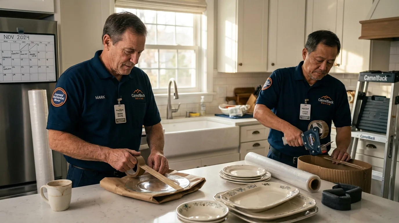 Professional crew packing kitchen dishware in Liberty, NY